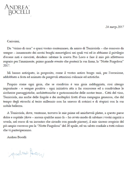 "Schreiben von Andrea Bocelli an PROLOCO Terricciola " © PROLOCO Terricciola  