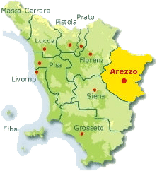 Map of Tuscany with Arezzo region marked.