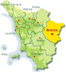 Karte von der Toskana mit Markierung der Region Arezzo.