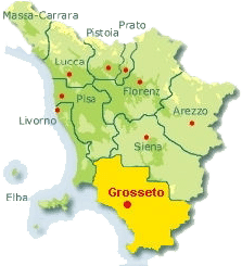 Karta Toskane s označenom pokrajinom Grosseto.