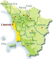 Karte von der Toskana mit Markierung der Provinz Livorno.