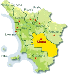 Map of Tuscany with the Siena region marked.