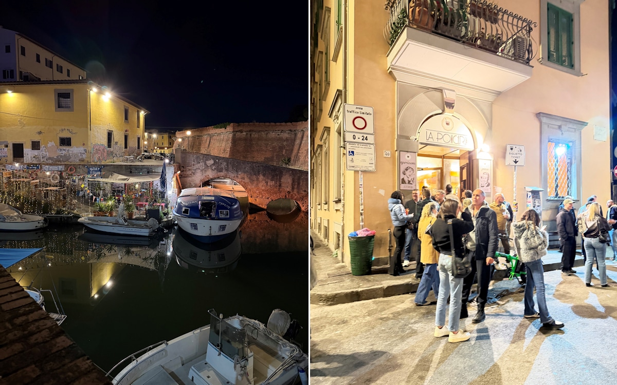 Livorno, Quartiere Venezia am Abend (links), Ponceria (rechts)